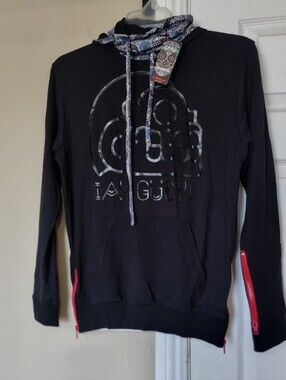 Ay guey! NWT Mens size S Black Hoodie Pullover Skull Graphic Red Zippers
